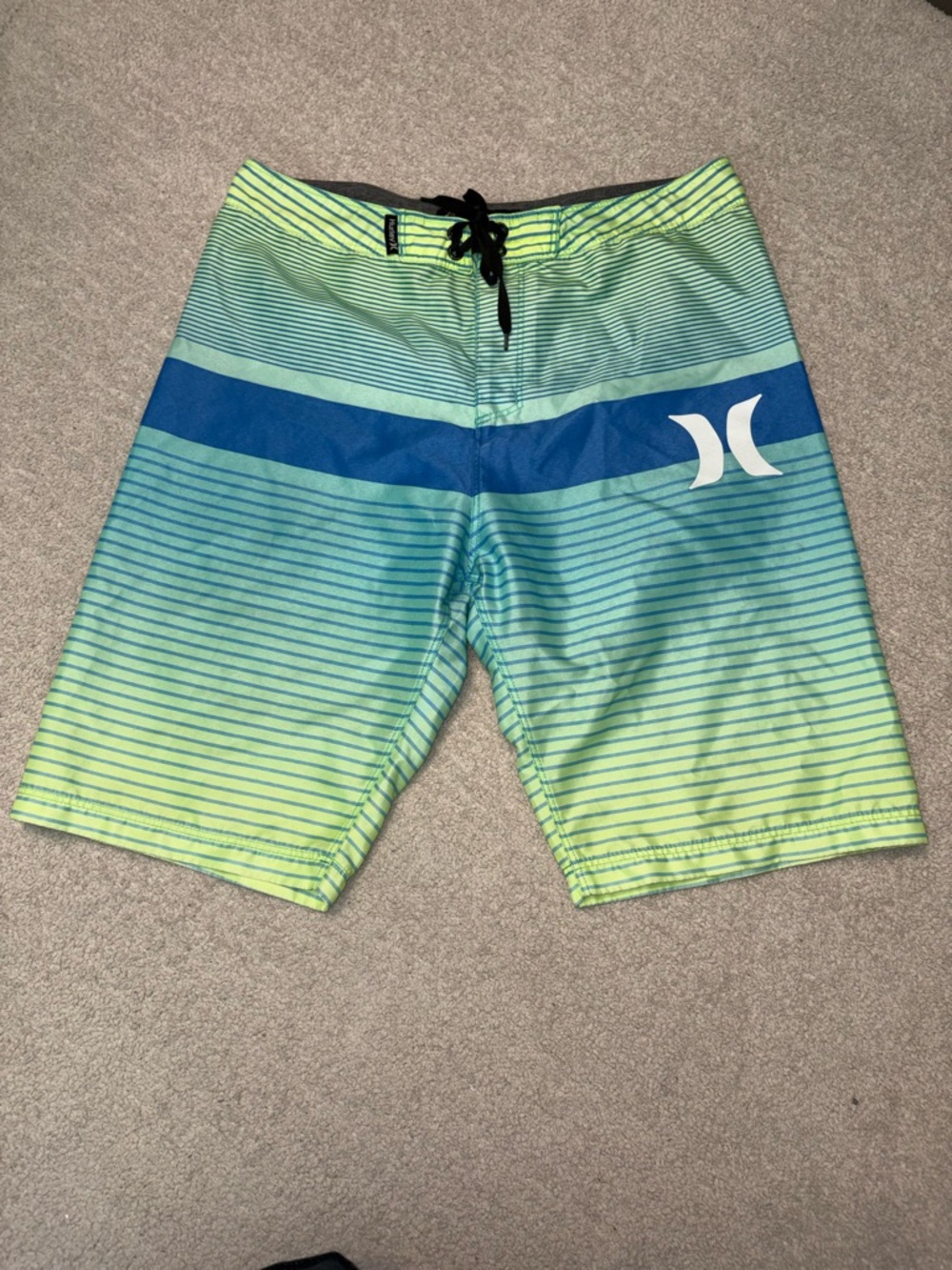 Hurley Boys Phantom Striped Board Shorts Blue & Neon Lime Green Size 18/29